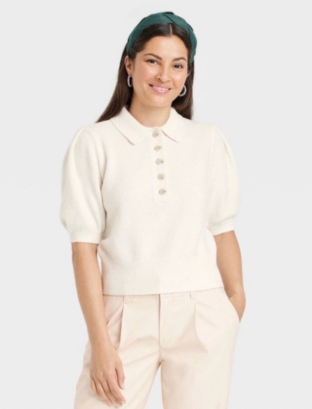 A New Day White Polo Button Sweater XS Collared Short Sleeve